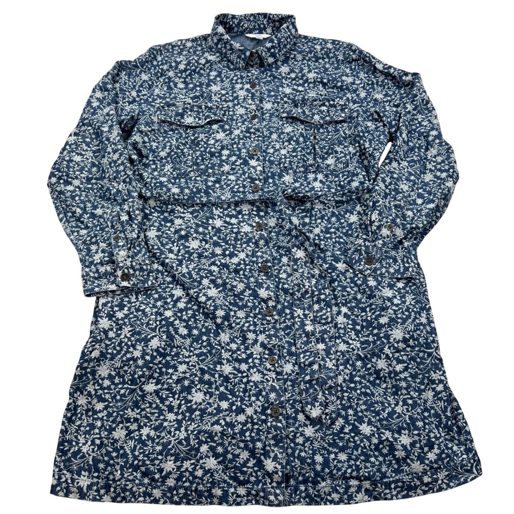 Time and Tru Chambray Dress Women XL Floral Cotton Long Sleeve Tie Waist Pockets